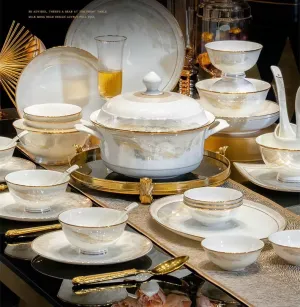 أدوات مائدة فاخرة بحافة ذهبية - Luxury Tableware Artistic Glazed Gold Rim Bone