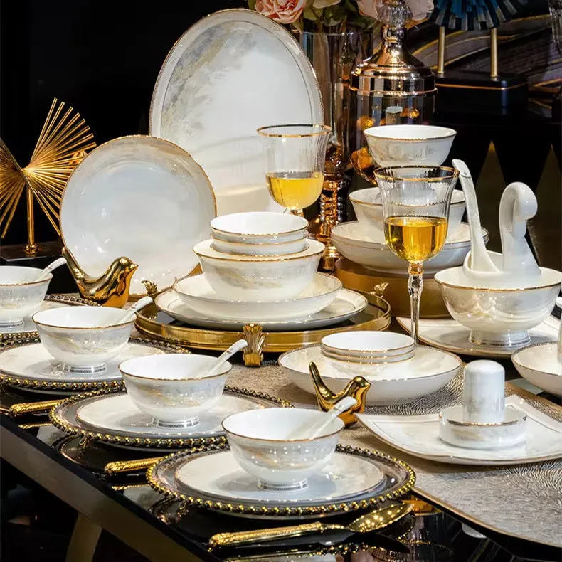 أدوات مائدة فاخرة بحافة ذهبية - Luxury Tableware Artistic Glazed Gold Rim Bone