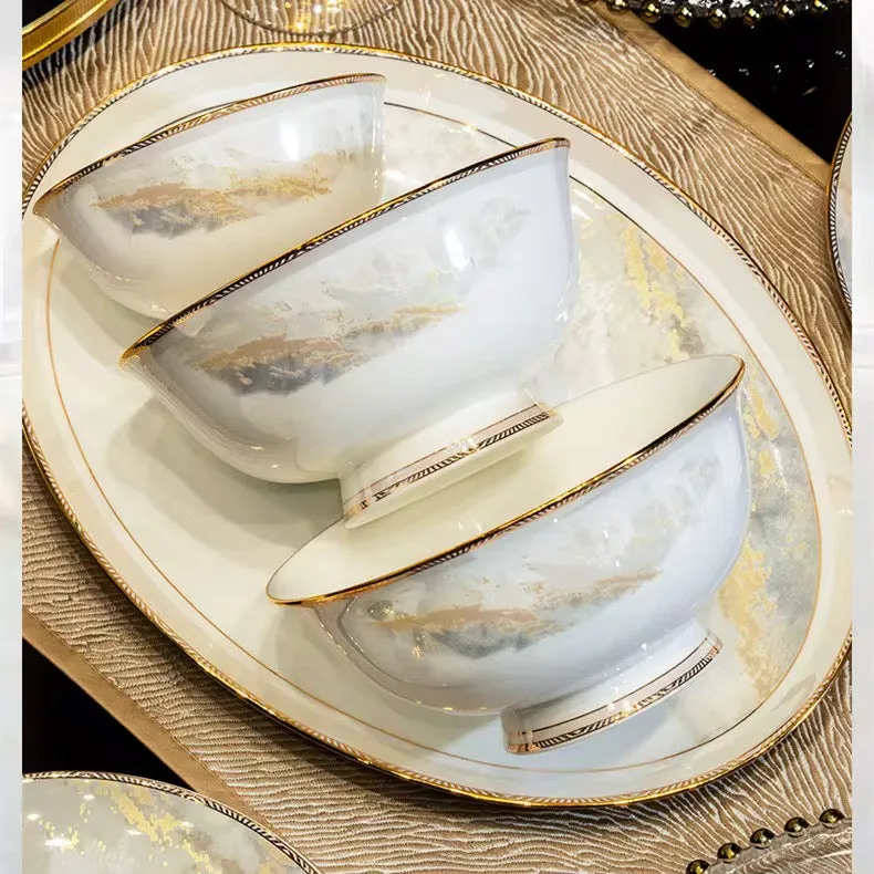 أدوات مائدة فاخرة بحافة ذهبية - Luxury Tableware Artistic Glazed Gold Rim Bone