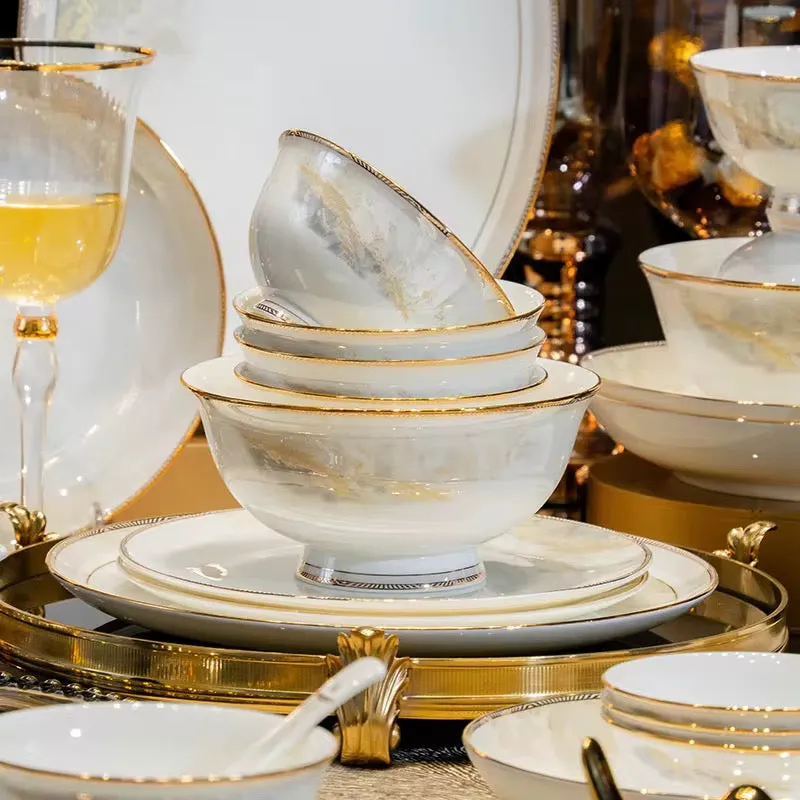 أدوات مائدة فاخرة بحافة ذهبية - Luxury Tableware Artistic Glazed Gold Rim Bone