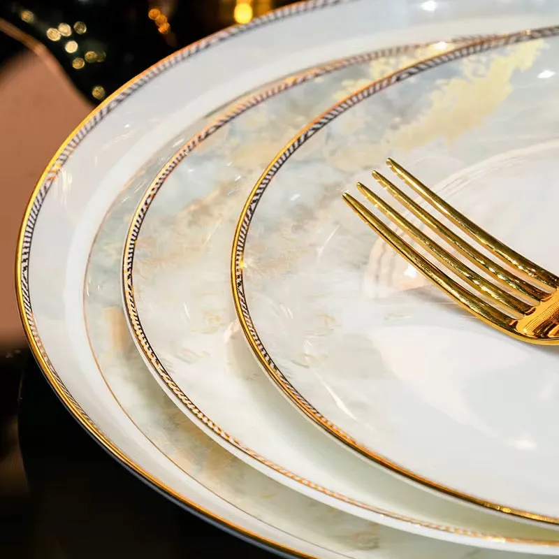 أدوات مائدة فاخرة بحافة ذهبية - Luxury Tableware Artistic Glazed Gold Rim Bone