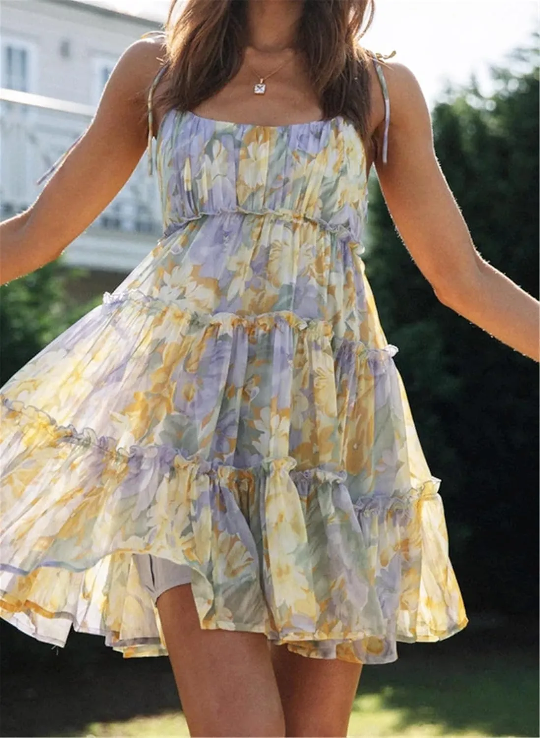 AELSON Sundresses for Women 2025 Floral Summer Dress Boho Flowy Cute Dresses Spaghetti Strap Sleeveless Ruffle Mini Dress