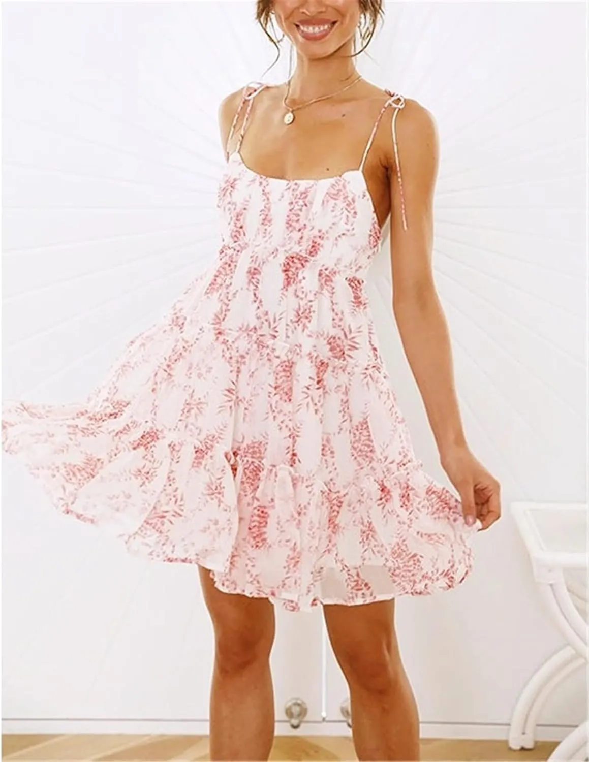 AELSON Sundresses for Women 2025 Floral Summer Dress Boho Flowy Cute Dresses Spaghetti Strap Sleeveless Ruffle Mini Dress