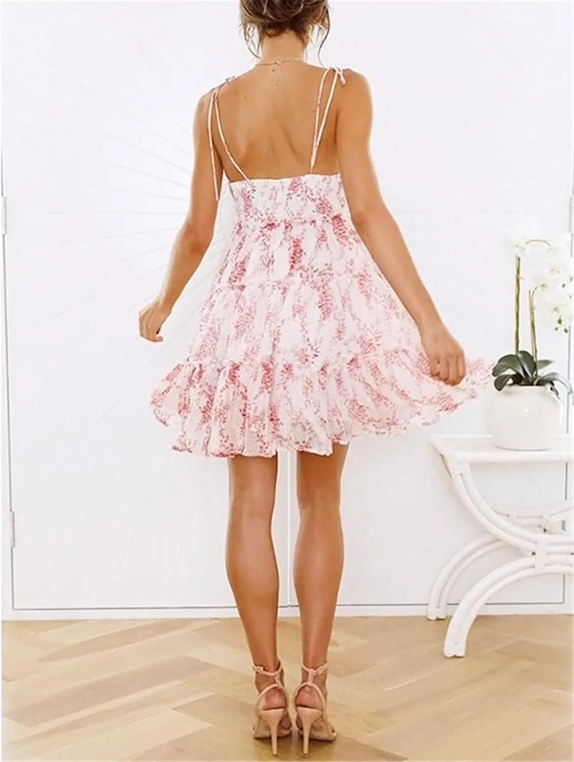 AELSON Sundresses for Women 2025 Floral Summer Dress Boho Flowy Cute Dresses Spaghetti Strap Sleeveless Ruffle Mini Dress