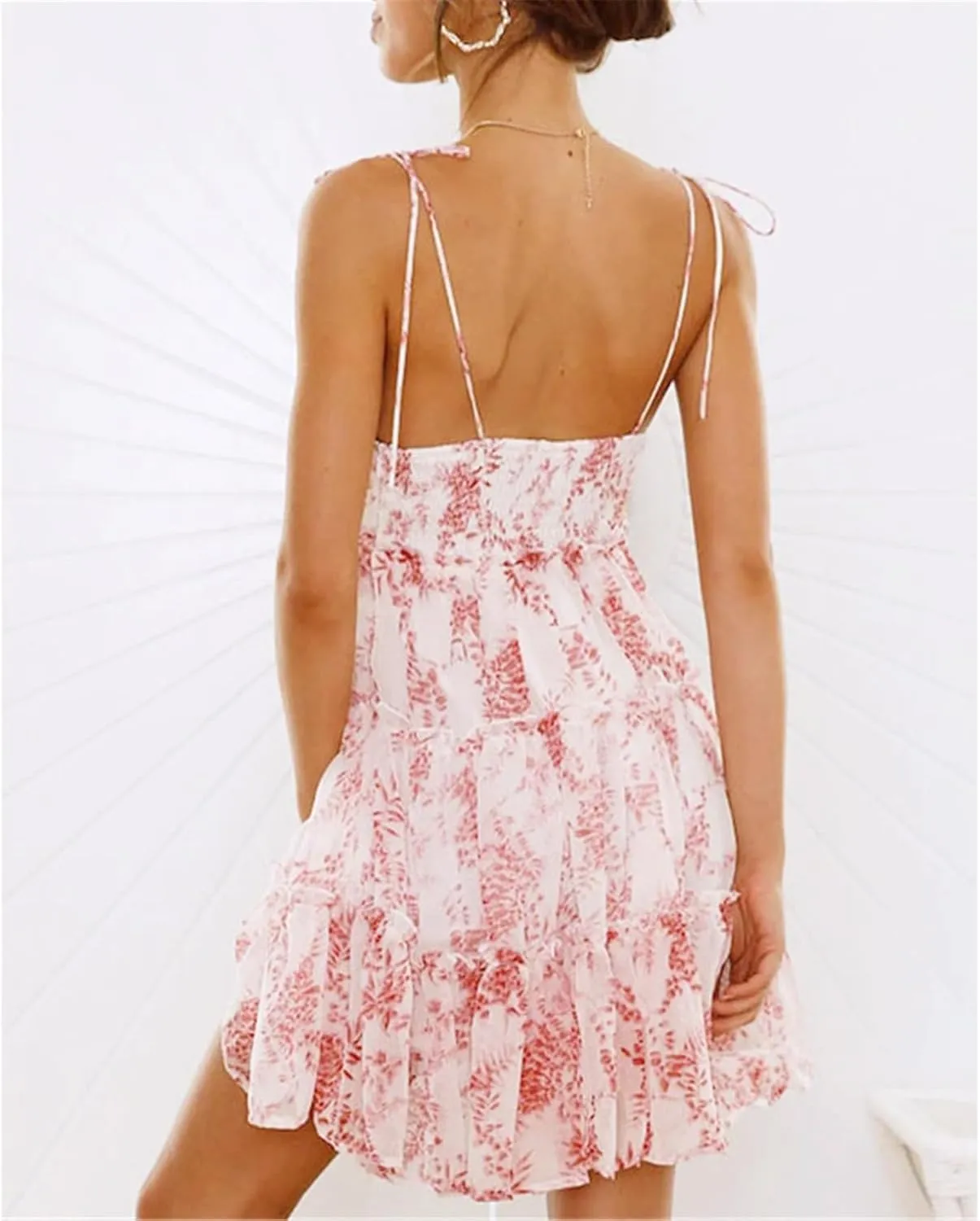 AELSON Sundresses for Women 2025 Floral Summer Dress Boho Flowy Cute Dresses Spaghetti Strap Sleeveless Ruffle Mini Dress