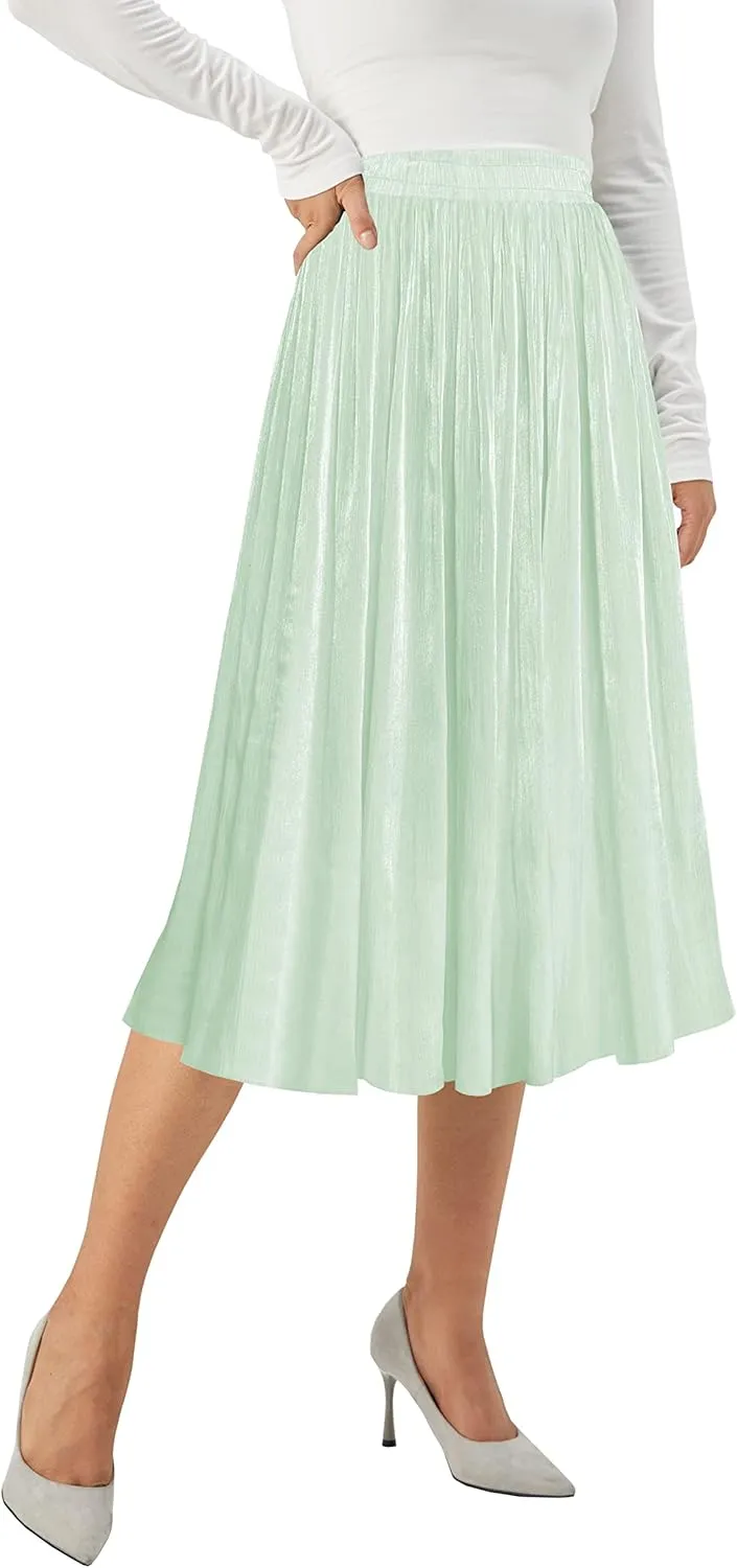 Afibi Women High Elastic Waist Pleated Midi Long Skirt Swing A-line Skirts
