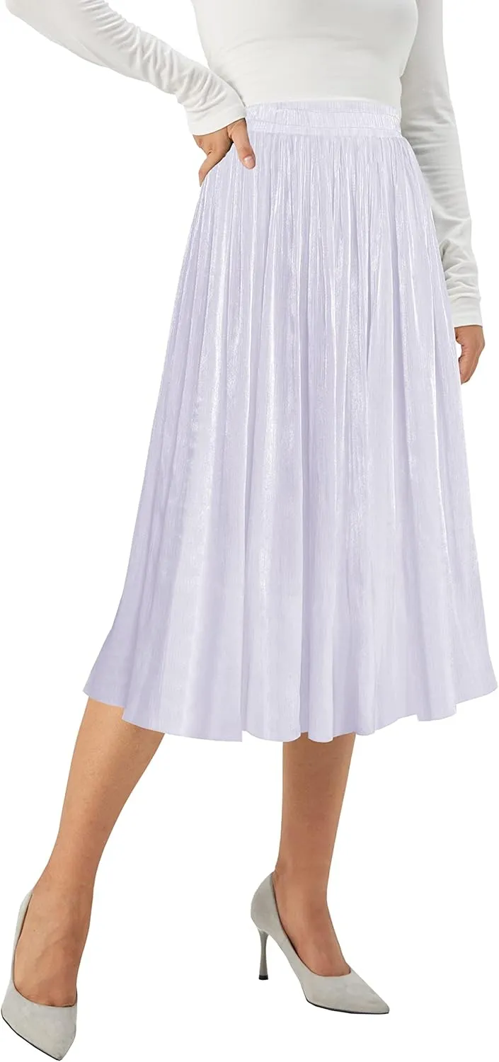 Afibi Women High Elastic Waist Pleated Midi Long Skirt Swing A-line Skirts