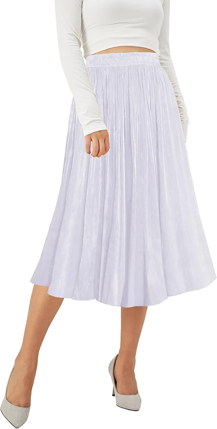 Afibi Women High Elastic Waist Pleated Midi Long Skirt Swing A-line Skirts