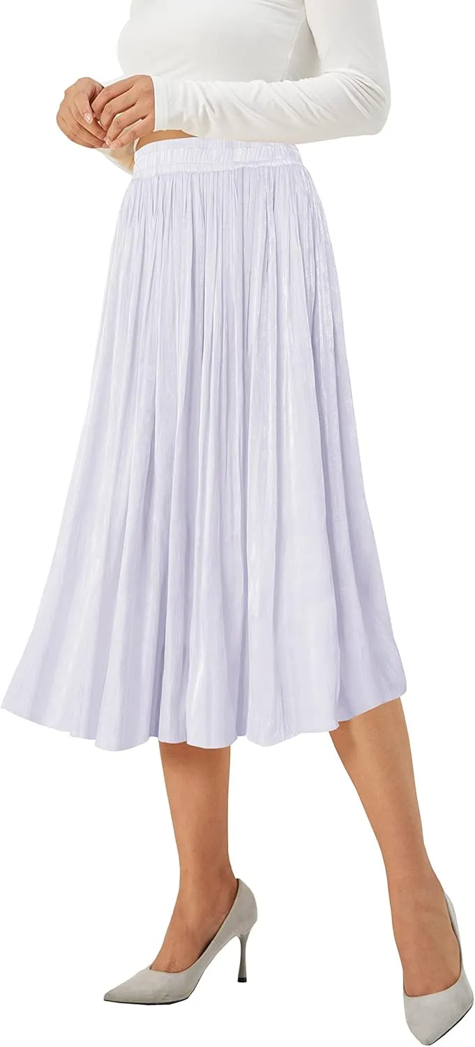 Afibi Women High Elastic Waist Pleated Midi Long Skirt Swing A-line Skirts