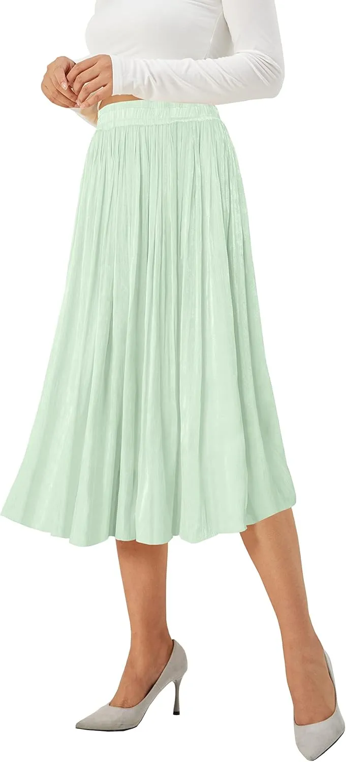Afibi Women High Elastic Waist Pleated Midi Long Skirt Swing A-line Skirts