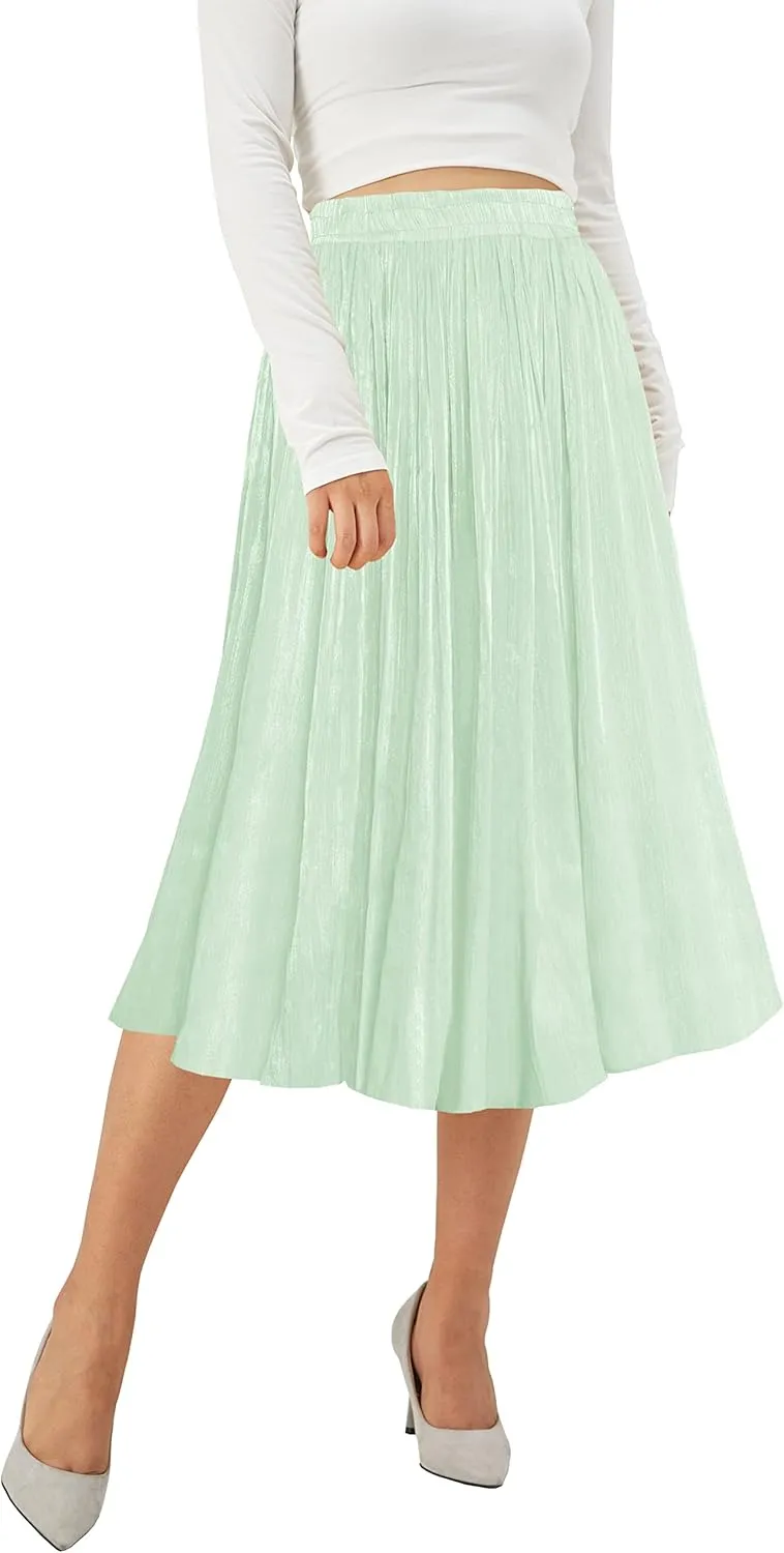 Afibi Women High Elastic Waist Pleated Midi Long Skirt Swing A-line Skirts