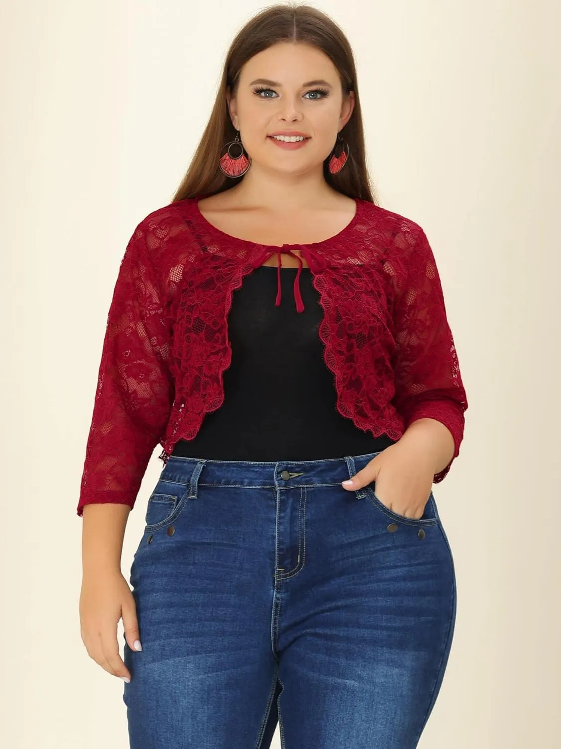 Agnes Orinda Bolero Cardigan for Women's Plus Size Office Tie Front Crop Floral Sheer Lace Shrug