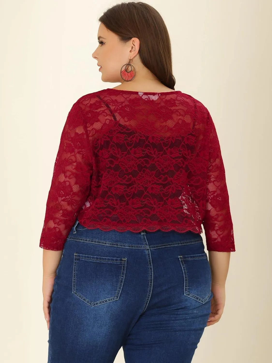 Agnes Orinda Bolero Cardigan for Women's Plus Size Office Tie Front Crop Floral Sheer Lace Shrug
