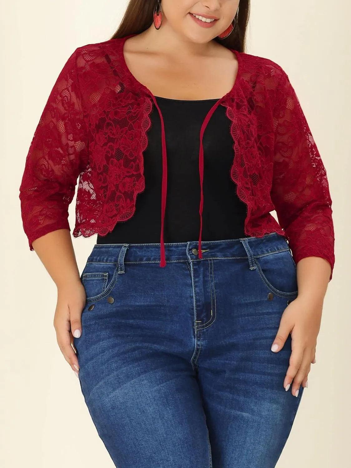 Agnes Orinda Bolero Cardigan for Women's Plus Size Office Tie Front Crop Floral Sheer Lace Shrug