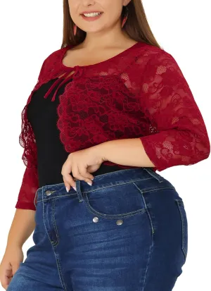 Agnes Orinda Bolero Cardigan for Women's Plus Size Office Tie Front Crop Floral Sheer Lace Shrug