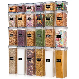 Airtight Food Storage Containers with Lids, Vtopmart 24 pcs Plastic Kitchen and Pantry Organization Canisters for Cereal, Dry Food, Flour and Sugar, BPA Free, Includes 24 LabelsBlack