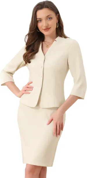 Allegra K 2 Piece Suit Skirt Set for Women's Notched Collar Casual Business Skirt Suit Set and Blazer Pencil Skirts