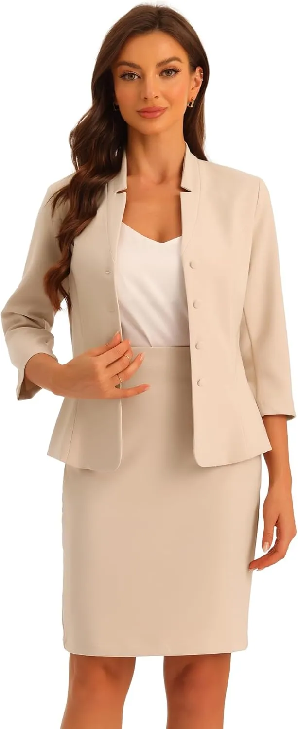 Allegra K 2 Piece Suit Skirt Set for Women's Notched Collar Casual Business Skirt Suit Set and Blazer Pencil Skirts