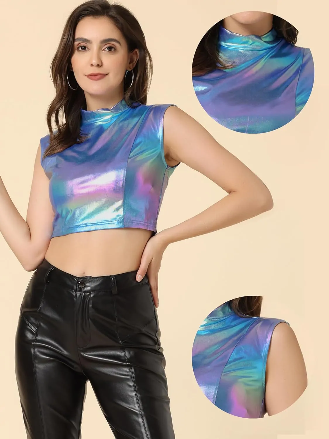 Allegra K Metallic Crop Top for Women's Halloween Shiny Sleeveless Holographic Party Tank Tops