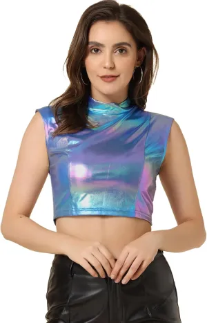 Allegra K Metallic Crop Top for Women's Halloween Shiny Sleeveless Holographic Party Tank Tops
