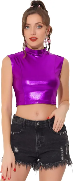 Allegra K Metallic Crop Top for Women's Halloween Shiny Sleeveless Holographic Party Tank Tops