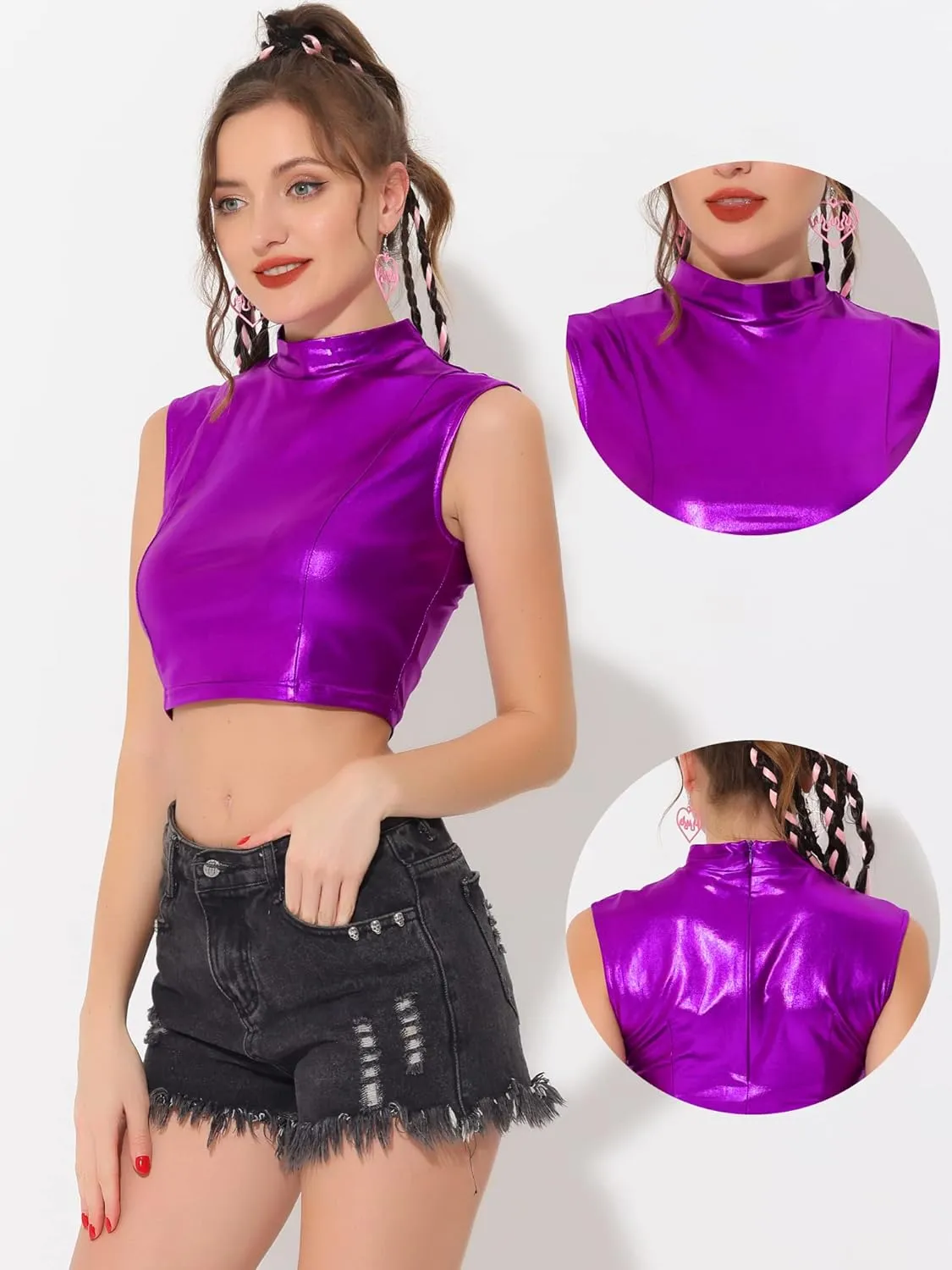 Allegra K Metallic Crop Top for Women's Halloween Shiny Sleeveless Holographic Party Tank Tops