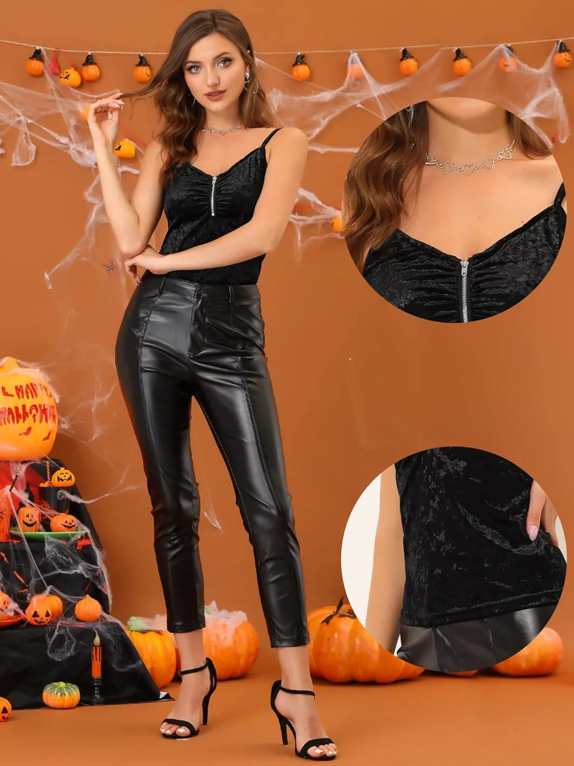 Allegra K Party Cami Top for Women's Velvet Zip Up Spaghetti Strap Halloween Sleeveless Tank Tops