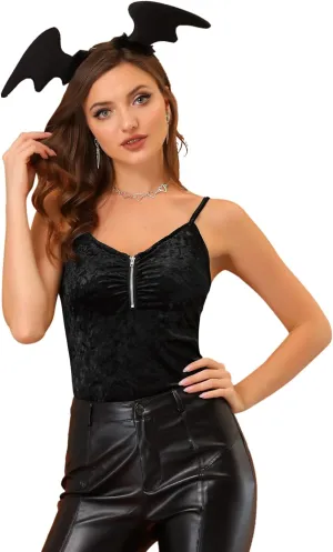 Allegra K Party Cami Top for Women's Velvet Zip Up Spaghetti Strap Halloween Sleeveless Tank Tops