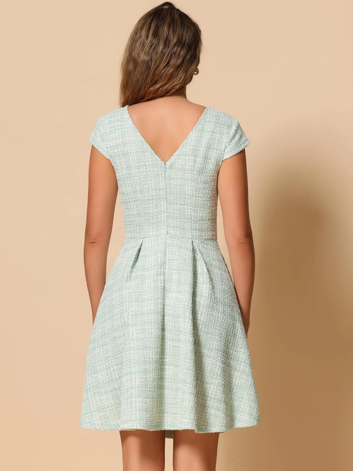 Allegra K Plaid Tweed Dress for Women's Round Neck Cap Sleeve A-Line Vintage Pleated Dresses