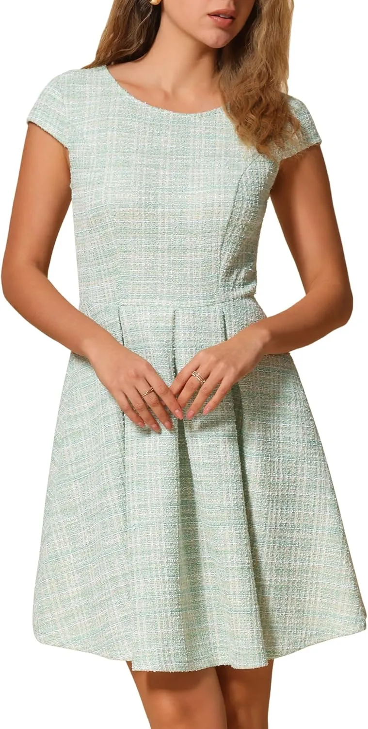 Allegra K Plaid Tweed Dress for Women's Round Neck Cap Sleeve A-Line Vintage Pleated Dresses