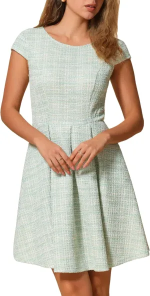 Allegra K Plaid Tweed Dress for Women's Round Neck Cap Sleeve A-Line Vintage Pleated Dresses