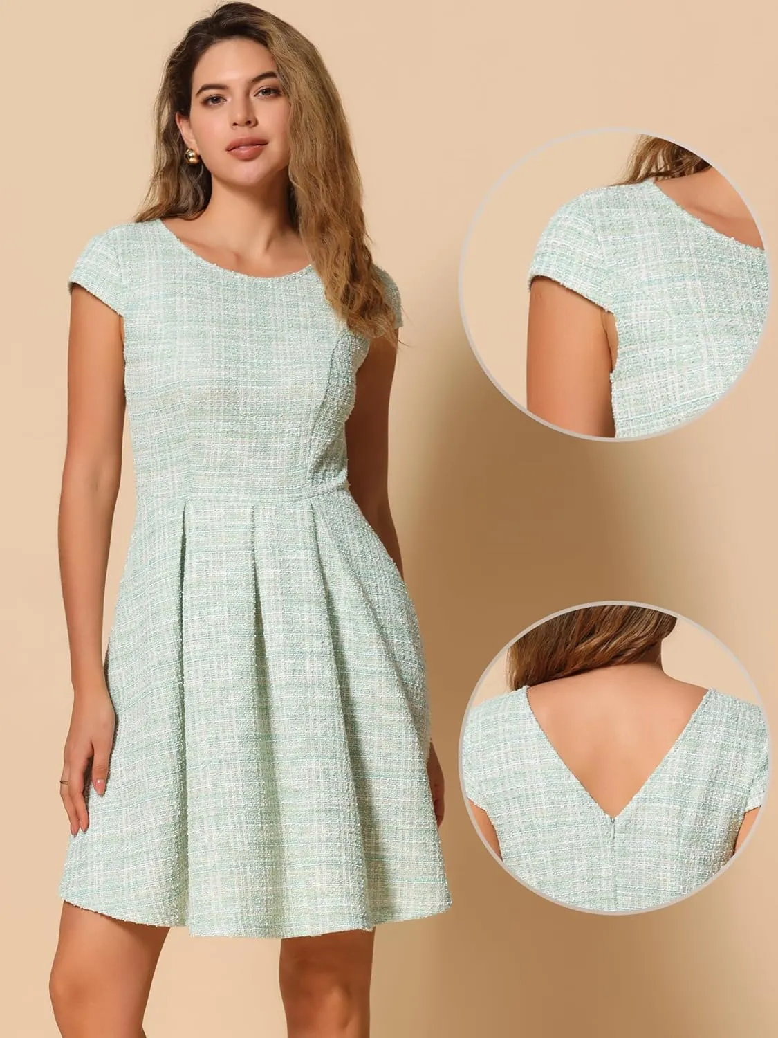 Allegra K Plaid Tweed Dress for Women's Round Neck Cap Sleeve A-Line Vintage Pleated Dresses