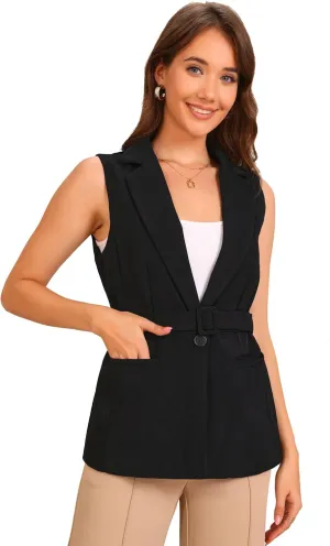 Allegra K Suit Vest for Women's Fashion Dressy Button Up Belted V Neck Sleeveless Waistcoat