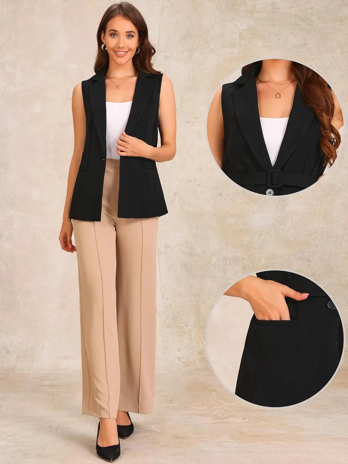 Allegra K Suit Vest for Women's Fashion Dressy Button Up Belted V Neck Sleeveless Waistcoat