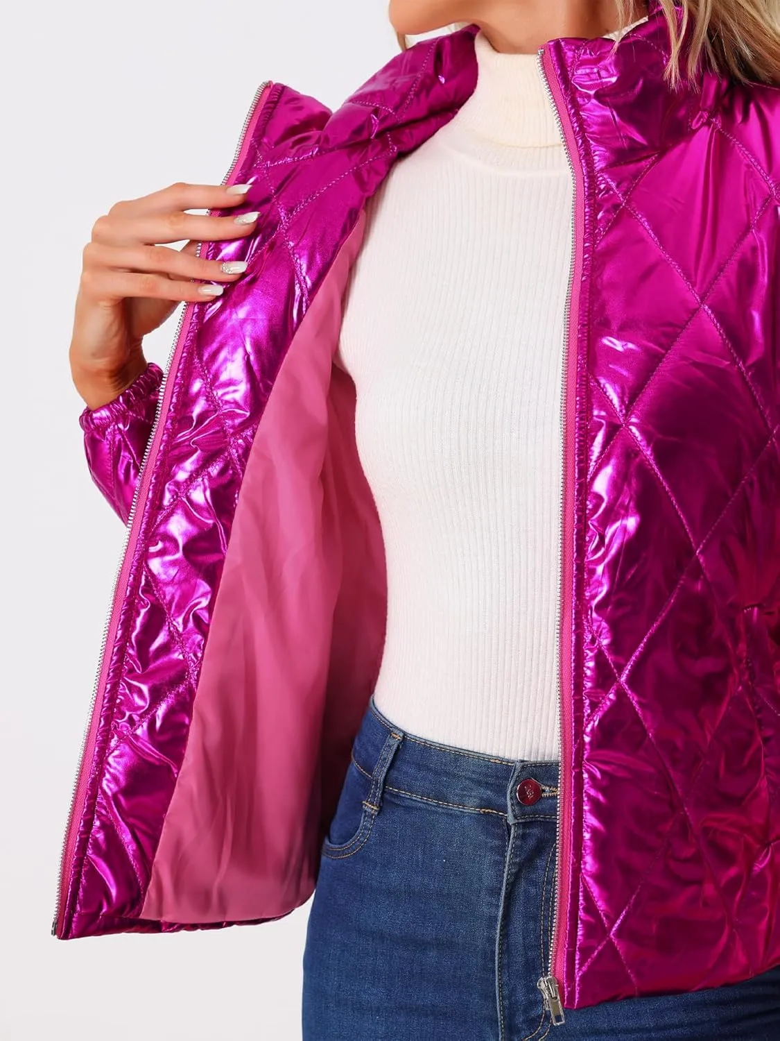 Allegra K Women's Christmas Puffer Jacket Holographic Shiny Metallic Jacket