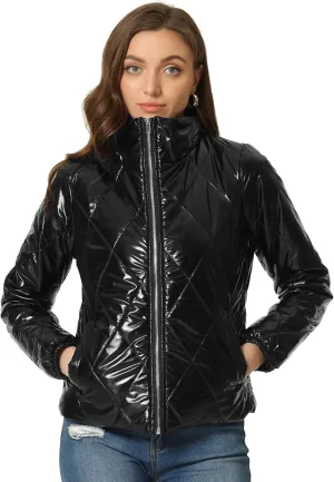 Allegra K Women's Christmas Puffer Jacket Holographic Shiny Metallic Jacket