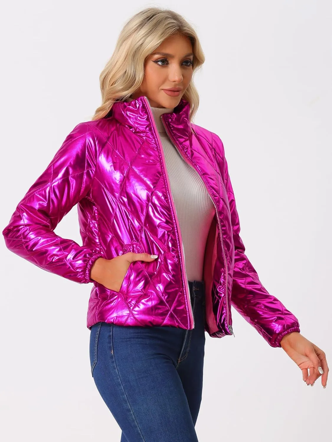 Allegra K Women's Christmas Puffer Jacket Holographic Shiny Metallic Jacket