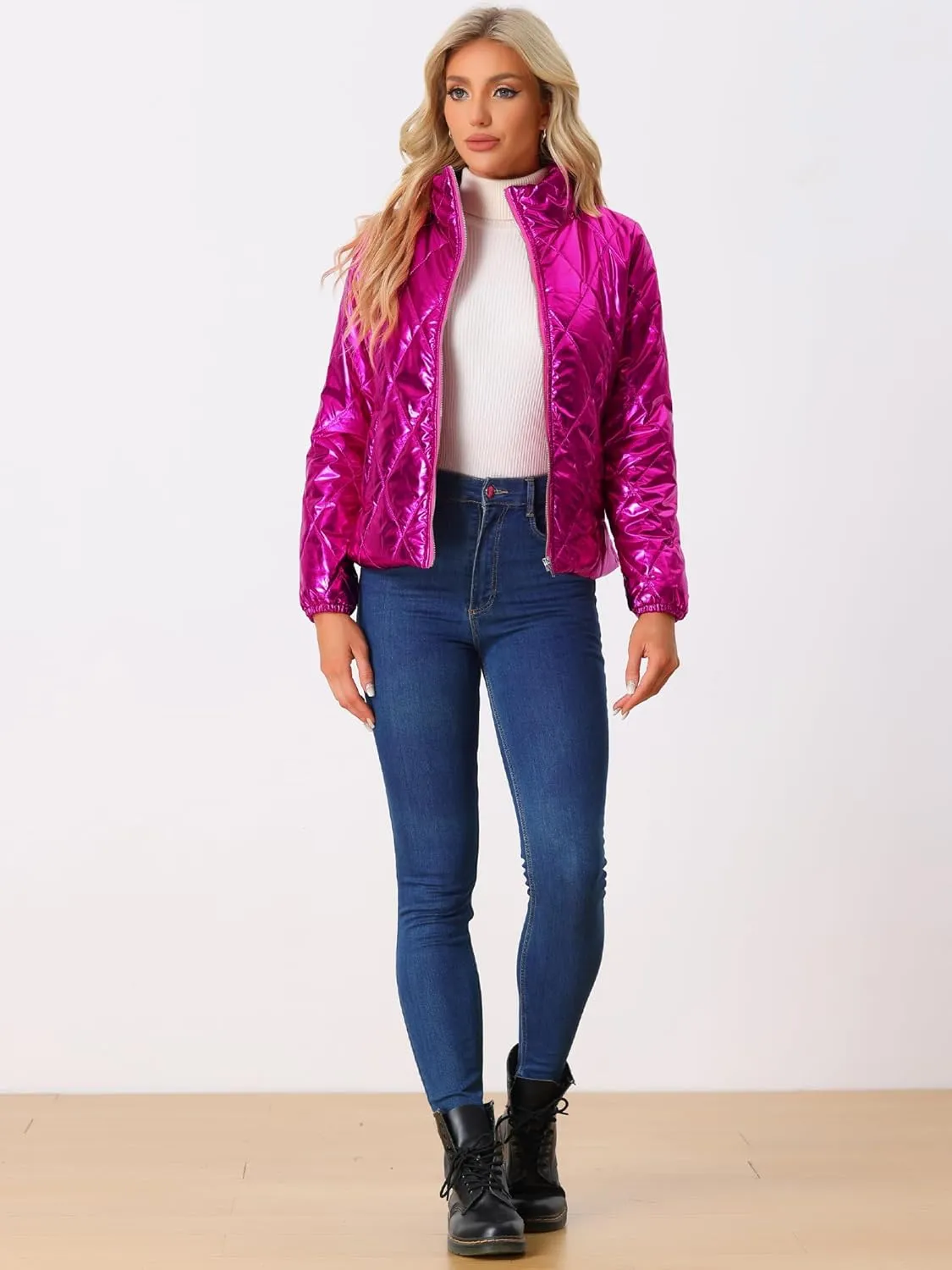 Allegra K Women's Christmas Puffer Jacket Holographic Shiny Metallic Jacket