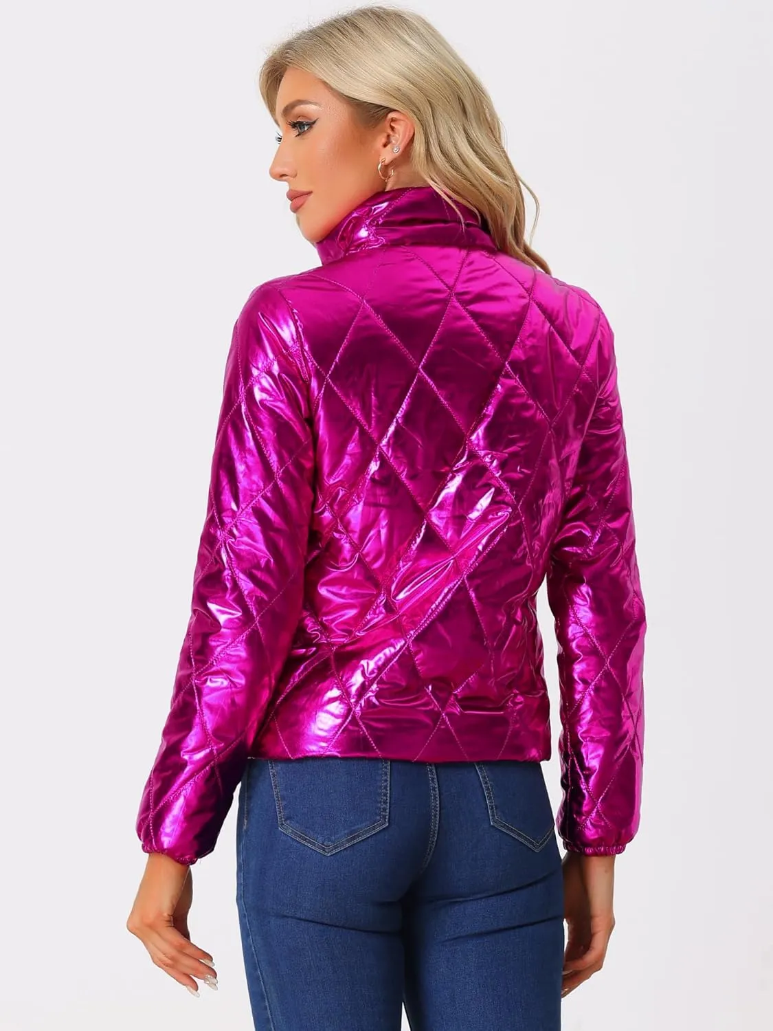 Allegra K Women's Christmas Puffer Jacket Holographic Shiny Metallic Jacket