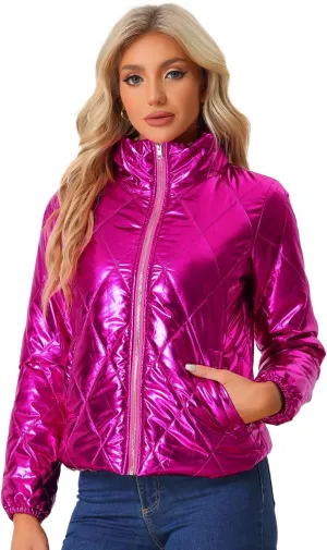 Allegra K Women's Christmas Puffer Jacket Holographic Shiny Metallic Jacket
