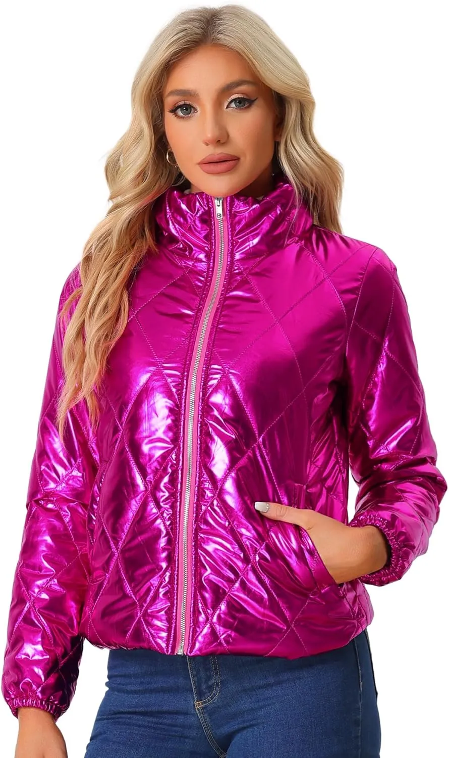 Allegra K Women's Christmas Puffer Jacket Holographic Shiny Metallic Jacket
