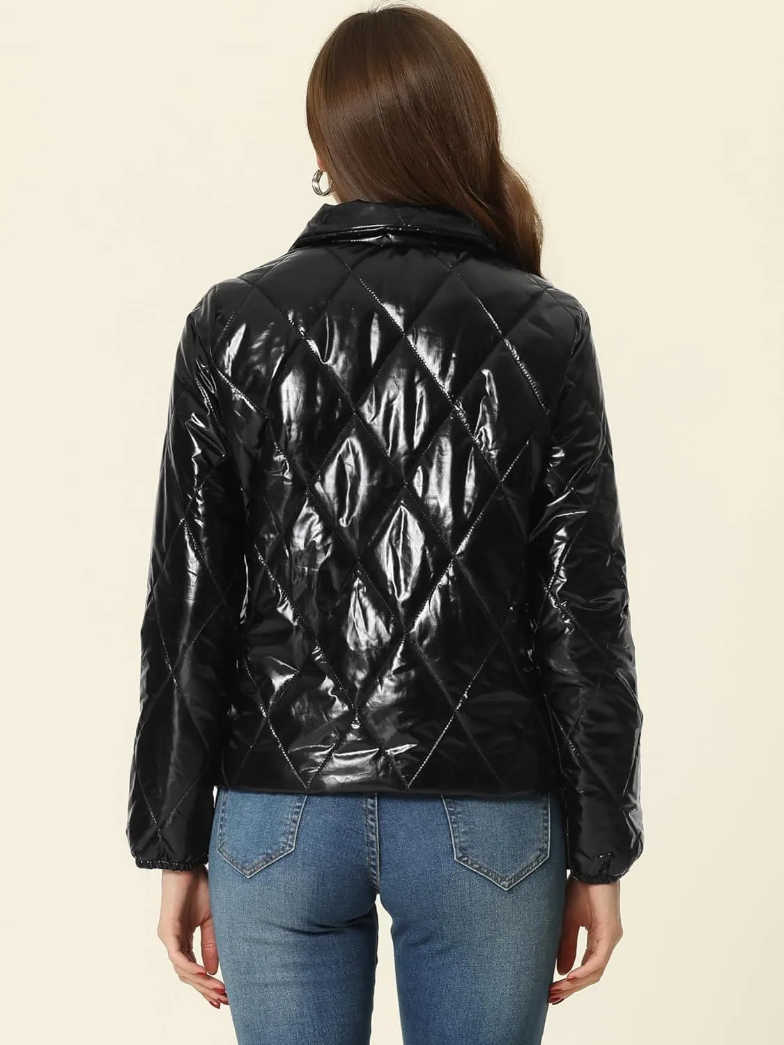 Allegra K Women's Christmas Puffer Jacket Holographic Shiny Metallic Jacket