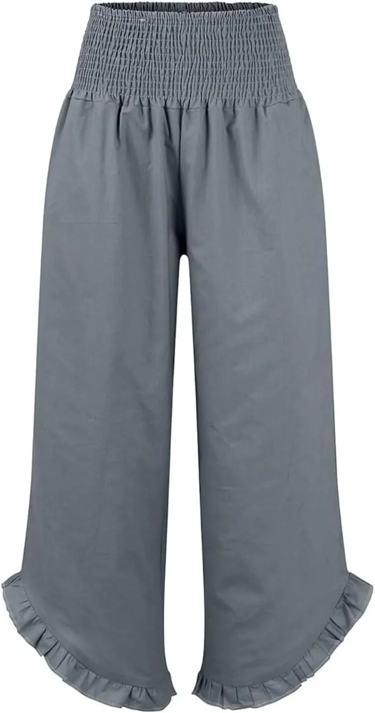 Aniywn Linen Pants Women Summer Wide Leg Trousers Smocked Waist Ruffle Hem Palazzo Pants Boho Flowy Beach Trousers Pocket