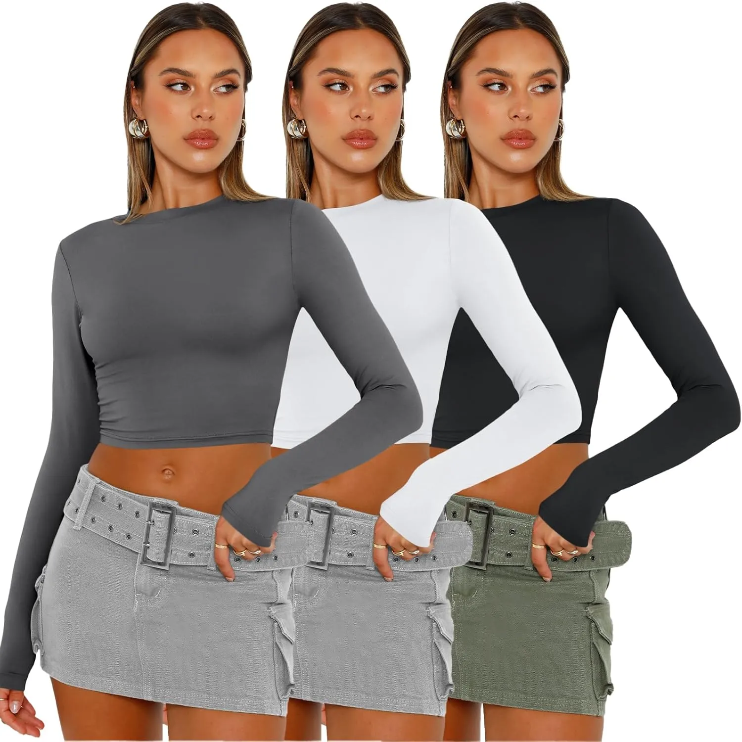 AUTOMET 3 Pack Womens Long Sleeve Shirts Y2K Going Out Crop Tops Cute Basic Slim Fitted Fall Fashion Outfits 2025 Clothes