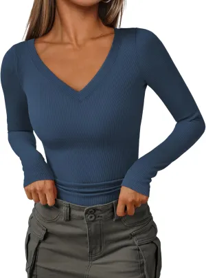 AUTOMET Womens Long Sleeve Shirts Fall Outfits Fashion Tops V Neck Ribbed Basic Casual Clothes Winter Underscrub