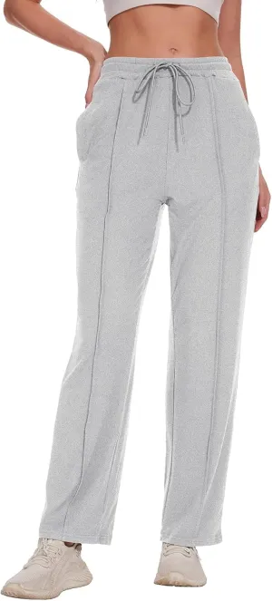 BATHRINS Women's Drawstring High Waisted Straight Long Trousers Pants with Pockets