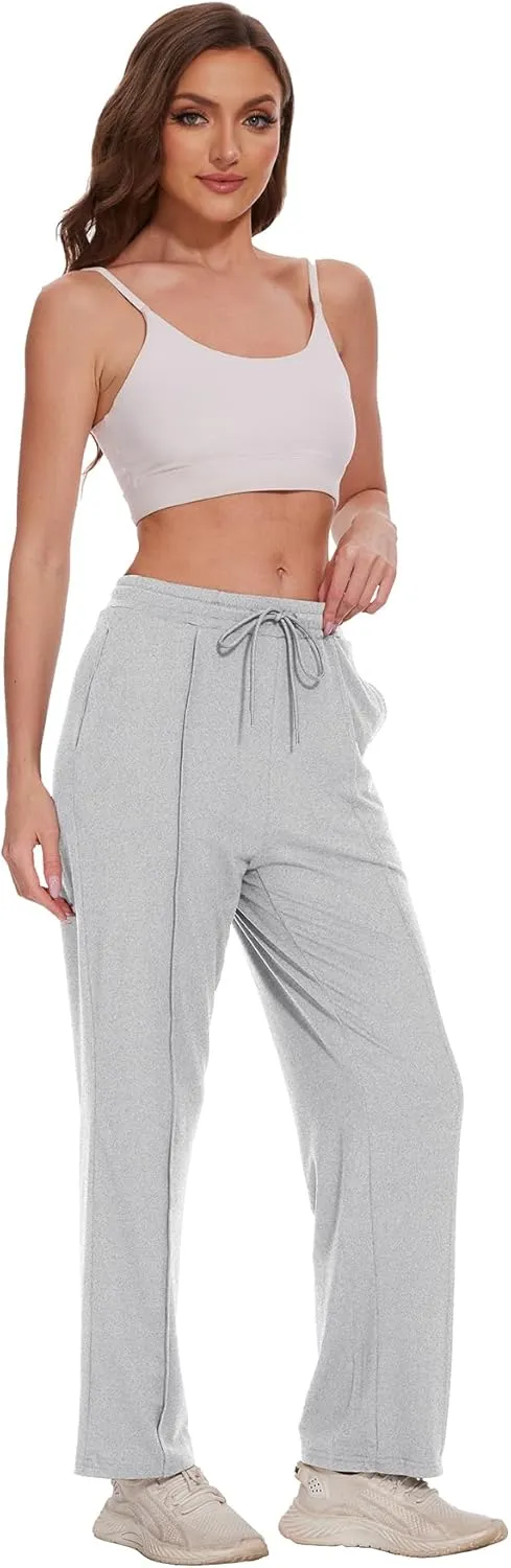 BATHRINS Women's Drawstring High Waisted Straight Long Trousers Pants with Pockets