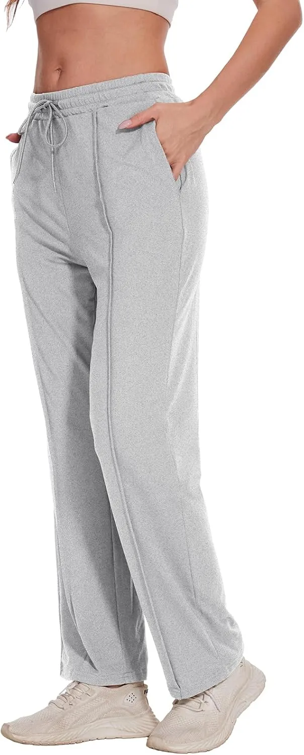 BATHRINS Women's Drawstring High Waisted Straight Long Trousers Pants with Pockets