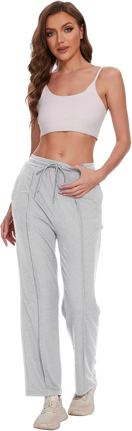 BATHRINS Women's Drawstring High Waisted Straight Long Trousers Pants with Pockets
