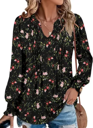 BETTE BOUTIK Long Sleeve Shirts for Women Fall Tops Dressy Blouses Pleated V Neck Tunic Tops for Leggings S-3XL